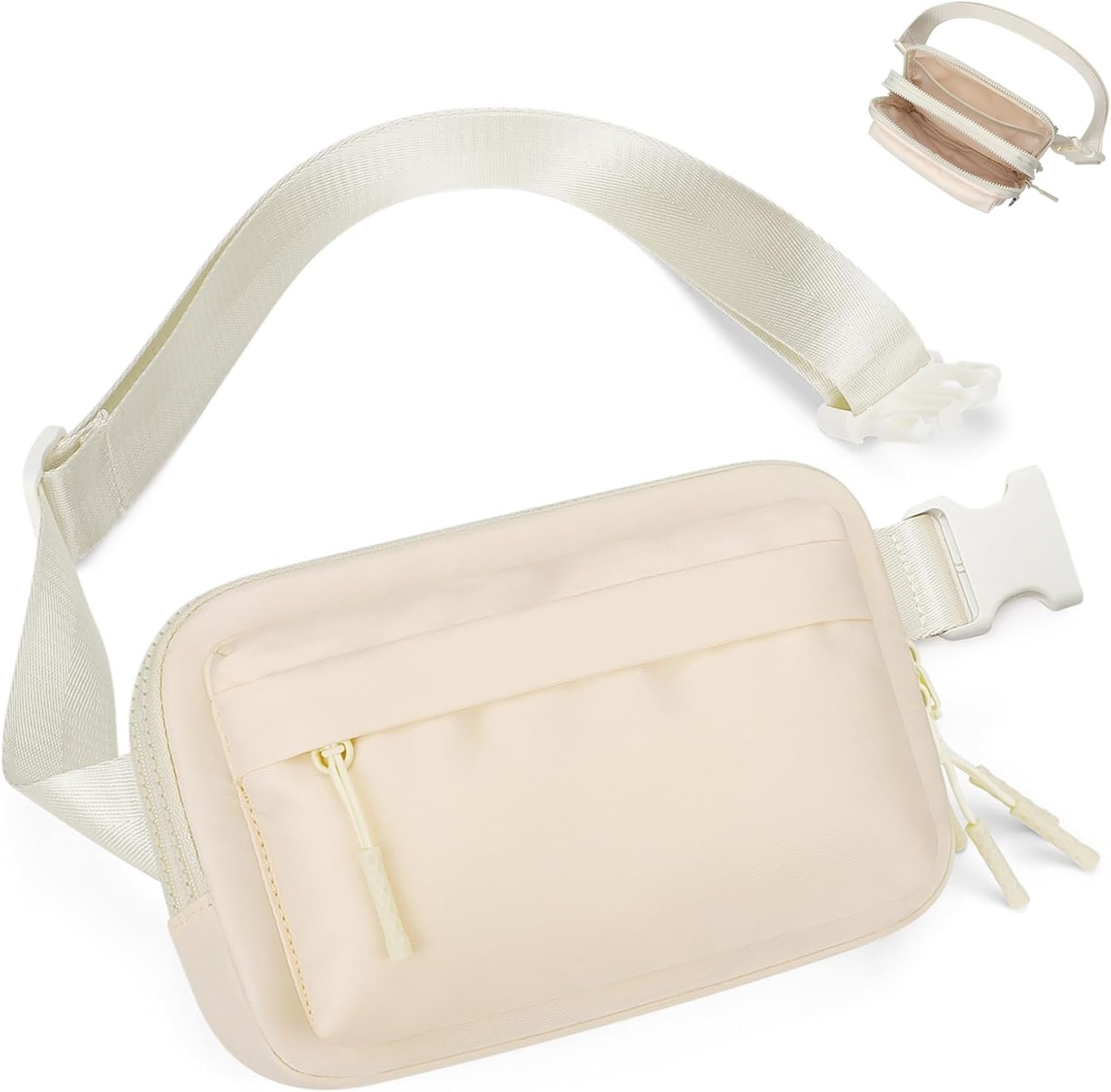 Fanny Packs for Women Men,Belt Bag with 4 Zipper Pockets,Waterproof Crossbody Bag,Fashion Waist Packs with Adjustable Long Strap for Workout/Running/Yoga/Shopping/Hiking,Beige