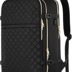 Large Travel Backpack Women, Flight Approved Carry On Backpack, Water Resistant Anti-Theft Casual Daypack School Bag Fit 17 Inch Laptop with USB Charging Port, Black